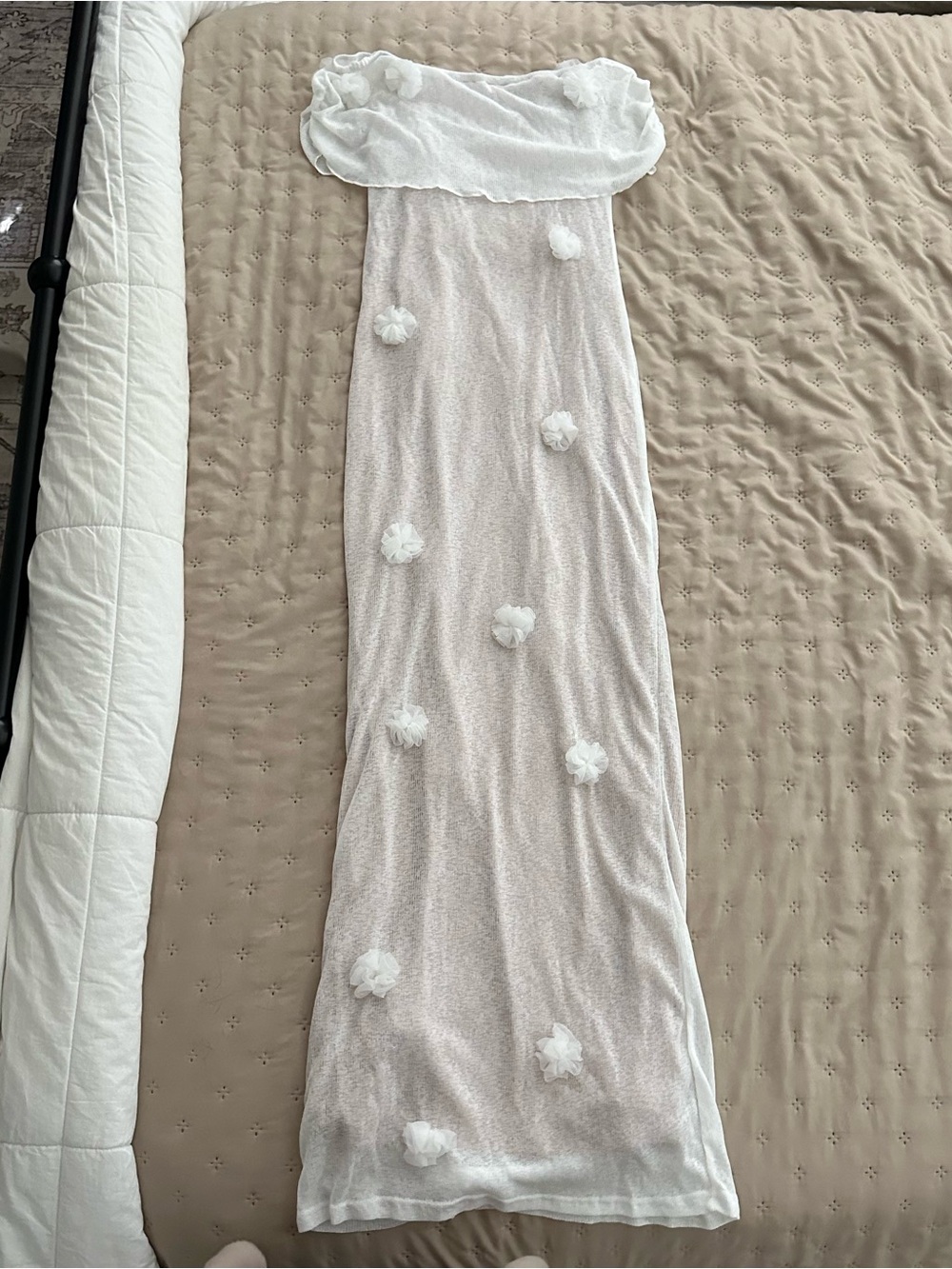 White Strapless Floral-Appliqué Maxi Dress